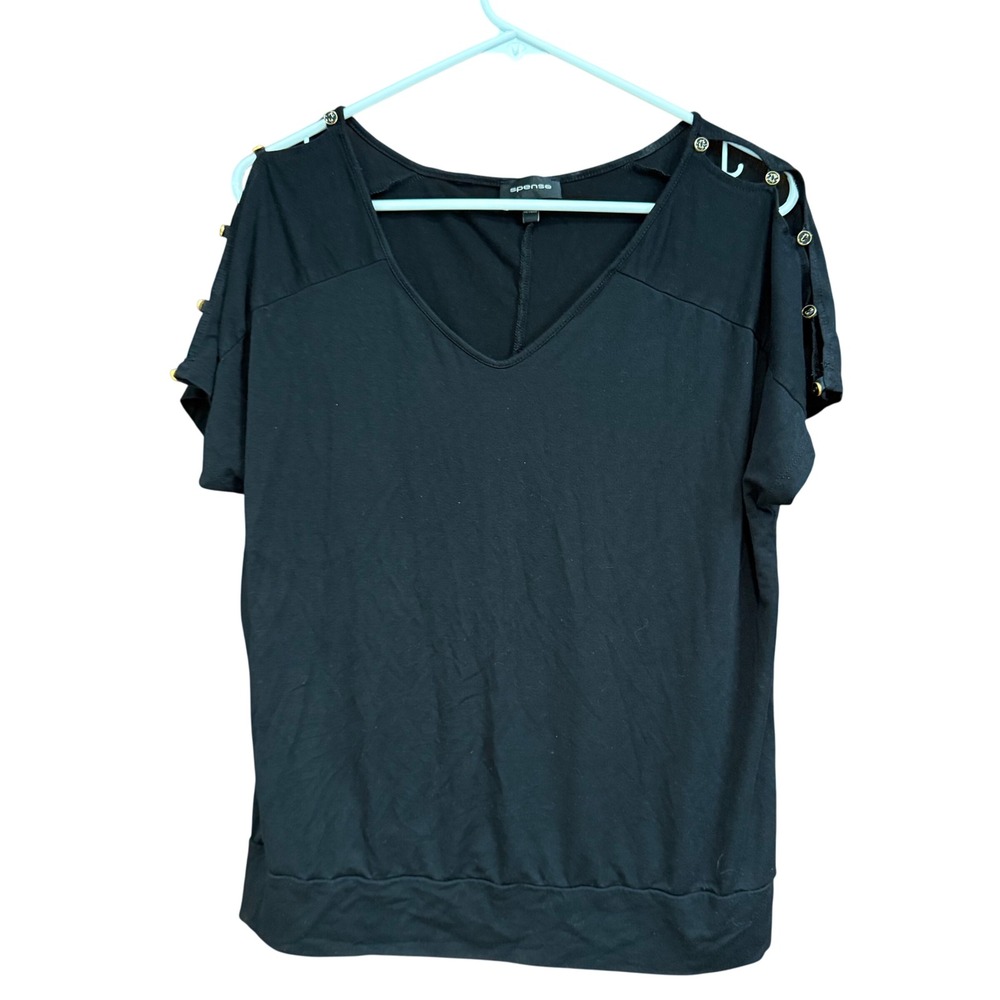 Spense Women's Black V-Neck Short Sleeve Top with Button Detail Size L